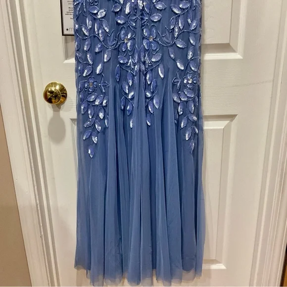 Beautiful Adrianna Papell Blue Dress with Floral Beaded & Sequins Embroidery - Picture 9 of 15